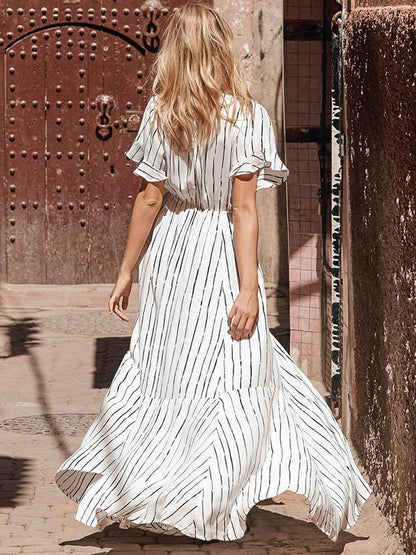 Striped Bow- Deep V-neck Maxi Dress