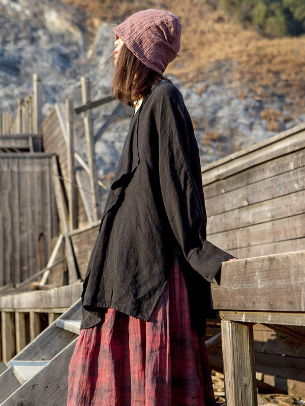 Artistic Retro Irregular Ramie Cotton Pleated V-Neck Long Sleeves T-Shirt