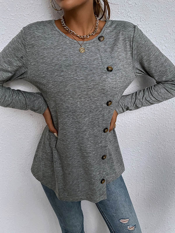 Casual Round-Neck Buttoned Asymmetric T-Shirt