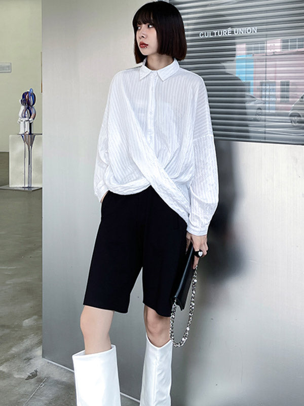 Casual Irregular Solid Color Buttoned Lapel Collar Long Sleeves Blouse