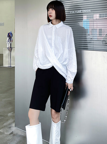 Casual Irregular Solid Color Buttoned Lapel Collar Long Sleeves Blouse
