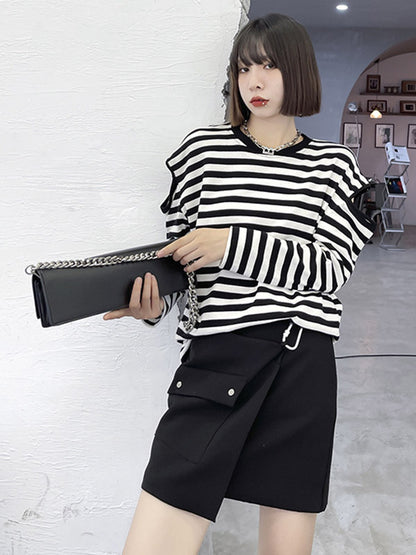 Original Stylish Striped Hollow Cold Shoulder Long Sleeves T-Shirt Tops
