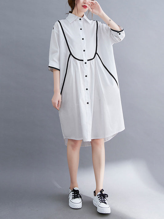Stylish Loose White Split-Joint Half Sleeves Lapel Midi Dress