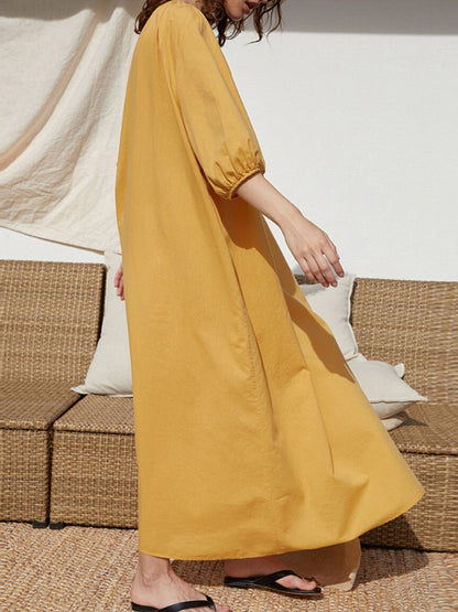 Casual Loose Linen 3 Colors Tied Pleated V-Neck Bishop Half Sleeves Midi Dress