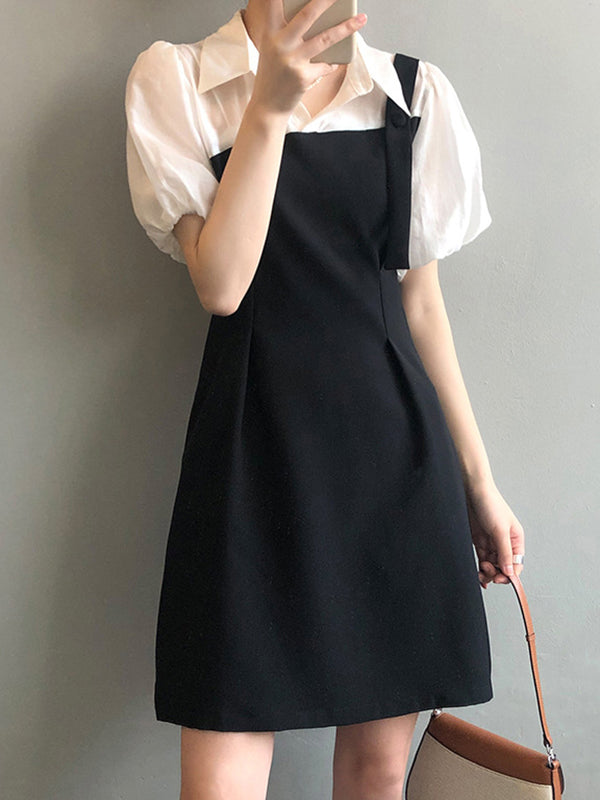 Urban Puff Sleeves Contrast Color False Two Mini Dress