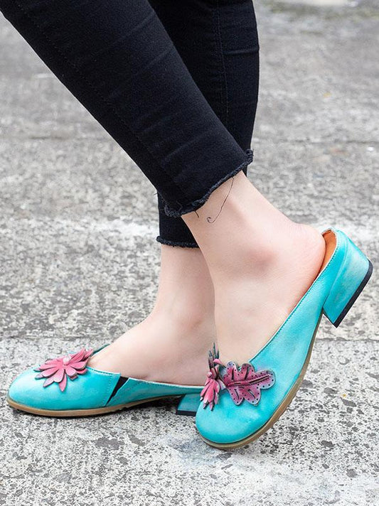 Genuine Leather Flower Decorated Round Toe Mules&Slides