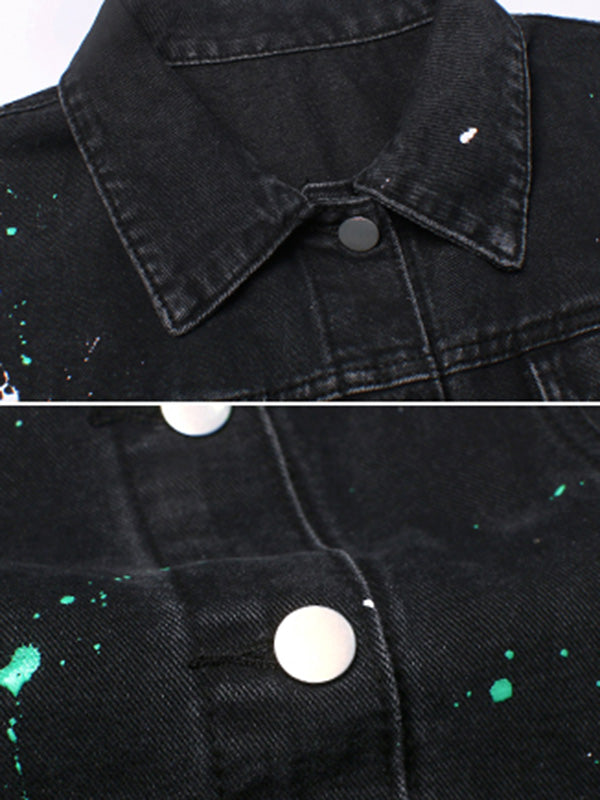 Original Denim Split-Joint With Pocket Splash Ink Buttoned Lapel Collar Sleeveless Vest Outwear