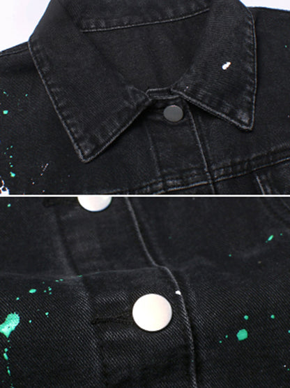 Original Denim Split-Joint With Pocket Splash Ink Buttoned Lapel Collar Sleeveless Vest Outwear