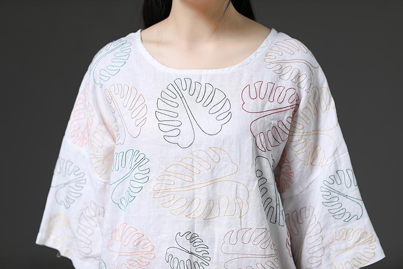 Casual Leaves Short Sleeve Cotton White Shirt