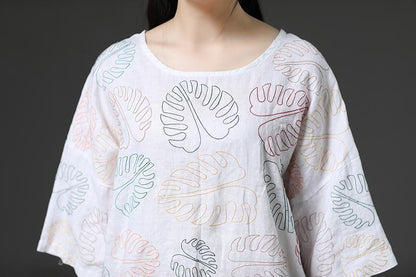 Casual Leaves Short Sleeve Cotton White Shirt