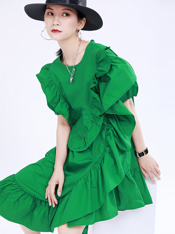 Original Irregular Solid Color Split-Joint Falbala Round-Neck Short Sleeves Midi Dress