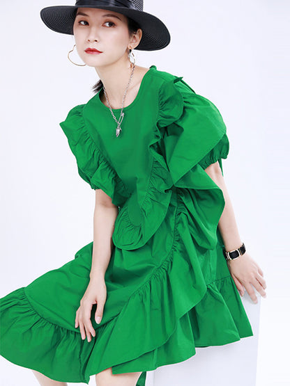 Original Irregular Solid Color Split-Joint Falbala Round-Neck Short Sleeves Midi Dress