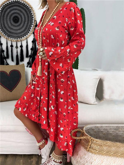 V-neck Floral Printed Long Sleeve Maxi Dress