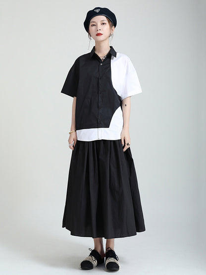 Urban Solid Color Split-Joint Mesh Pleated A-Line Skirt