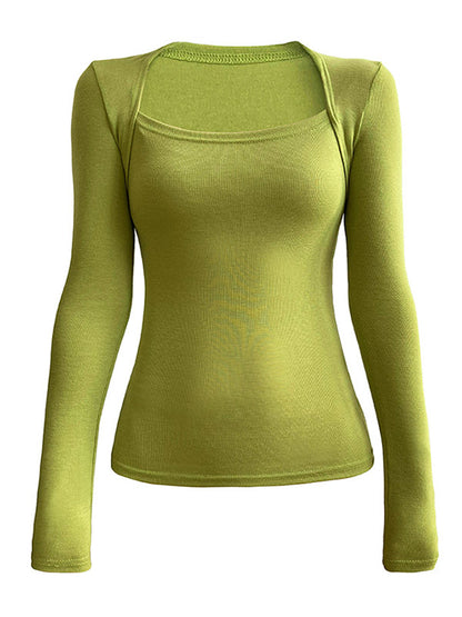 Simple Solid Color Square-Neck Long Sleeves False Two Base Shirt