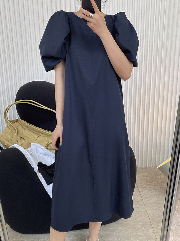 Girlish A-Line Puff Sleeves Round-Neck Midi Dress