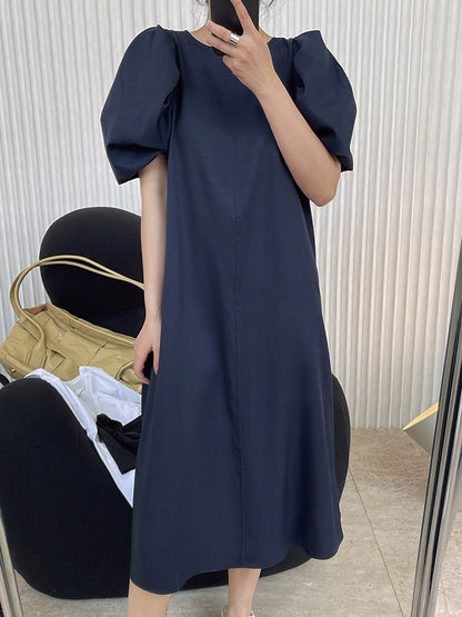 Girlish A-Line Puff Sleeves Round-Neck Midi Dress
