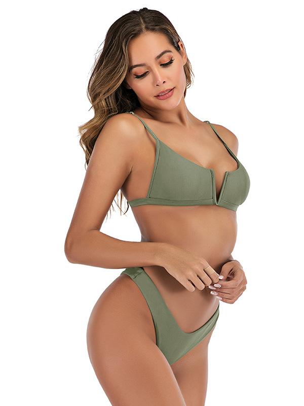 V-Neck Solid Color Bikini Swimsuit