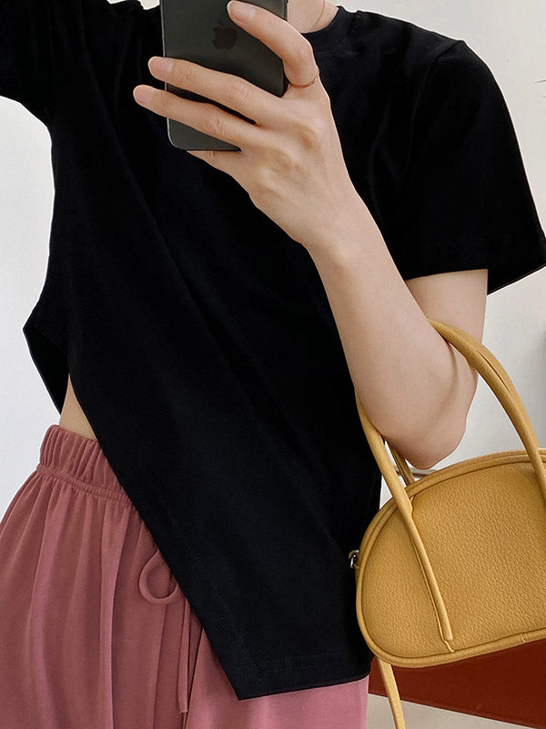 Casual Solid Color Asymmetric Round-Neck Short Sleeves T-Shirt