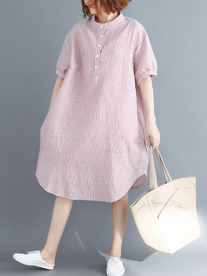 Loose Ramie Cotton Striped Shirt Dress