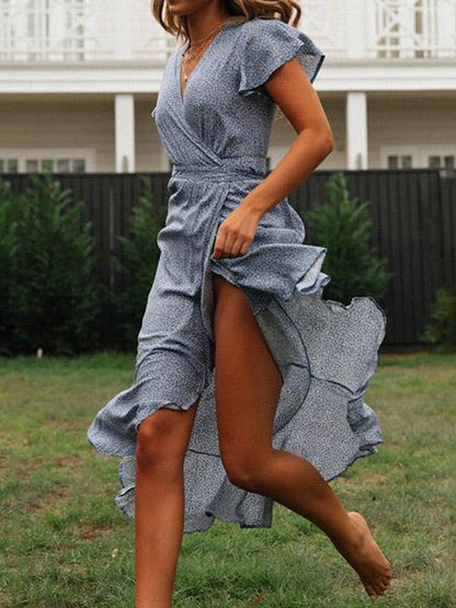 Printed Floral Short Sleeves V-neck Maxi Dress