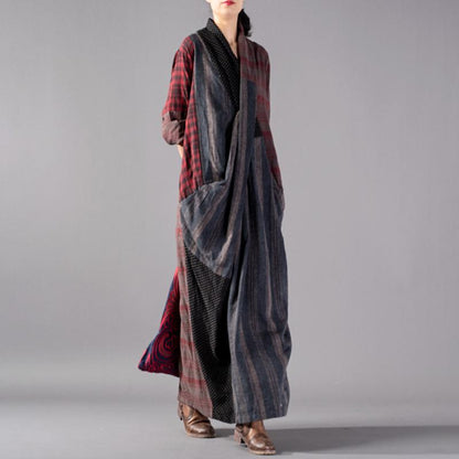 Stripe Plaid Dot Split Hem Retro Dress