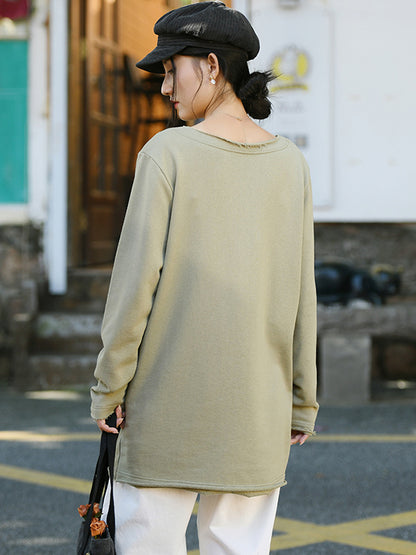 Artistic Retro Long Sleeves Loose Solid Color Round-Neck T-Shirts Tops