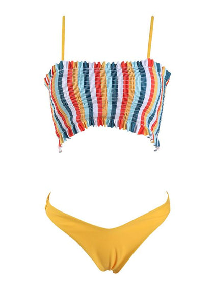 Striped Top Smocked Bikini Set