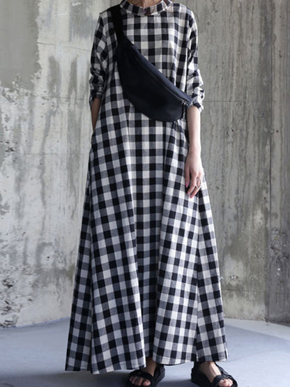 Artistic Retro Loose A-Line Plaid Stand Collar Long Sleeves Maxi Dress