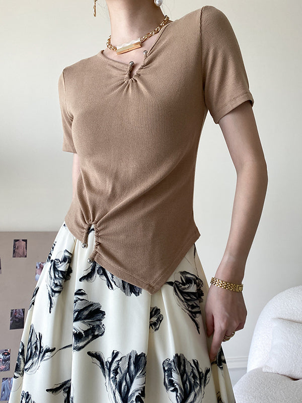 Original Casual Solid Color Pleated Skinny T-Shirt Top