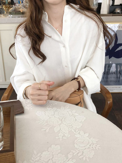 Simple Loose Casual Solid Color Buttoned Split-Side Lapel Collar Long Sleeves Midi Shirt Dress