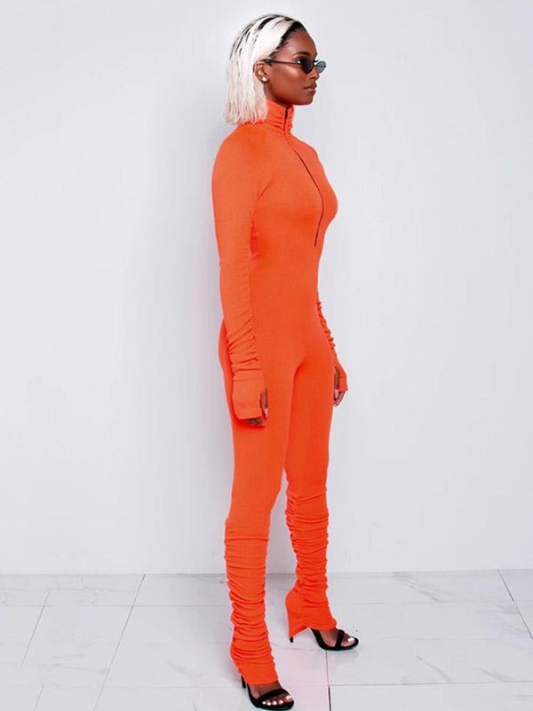 Wrap Long Sleeves High-Neck Zipper Jumpsuits