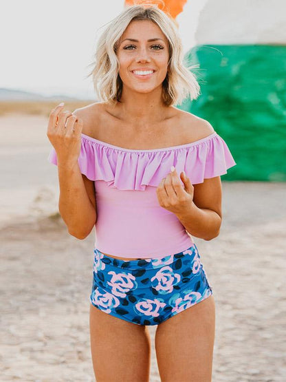Off-the-shoulder Falbala Tankini Swimsuit