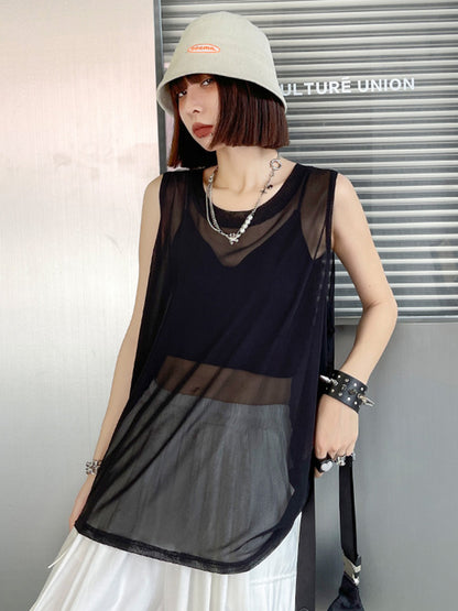 Cool Girl Black&White See-Through Round-Neck Vest Top