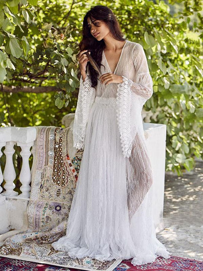 See-through Flared Sleeves V-back Maxi Dress