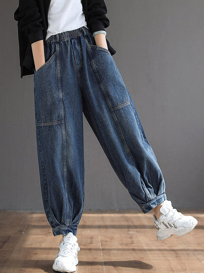 Casual Elastic Waist Wide Leg With Large Pocket Jean Pants