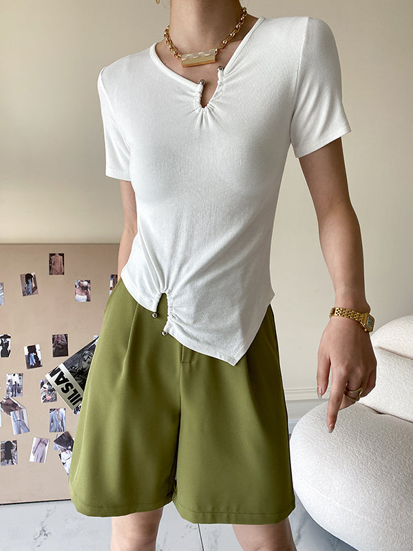 Original Casual Solid Color Pleated Skinny T-Shirt Top