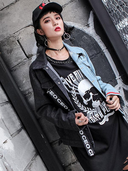 Hip-hop Printed Split-joint Lapel Denim Jacket