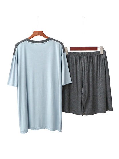 Casual Loose Contrast Color Split-Joint With Pocket Round Neck Short Sleeves T-Shirt&Solid Color Elasticity Shorts&Wide Legs Pants 3 Pieces Pajama Set
