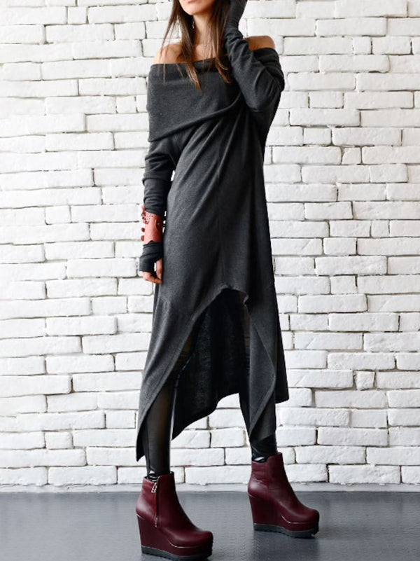 Casual Irregular Clipping Solid Color High-Low Off-The-Shoulder Long Sleeves Midi Dress