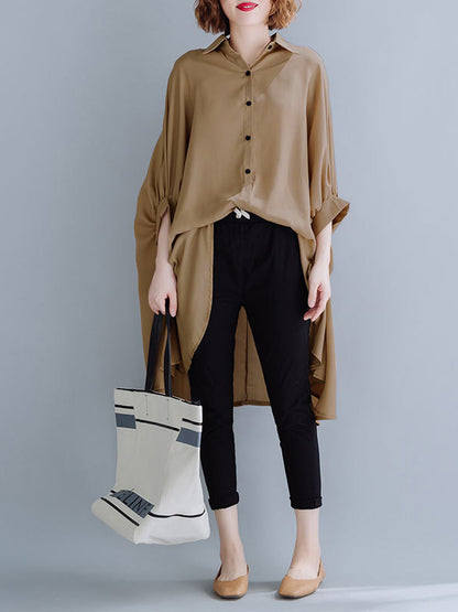 Casual Solid Color Irregular Pleated Buttoned Lapel Collar Batwing Half Sleeves Blouse