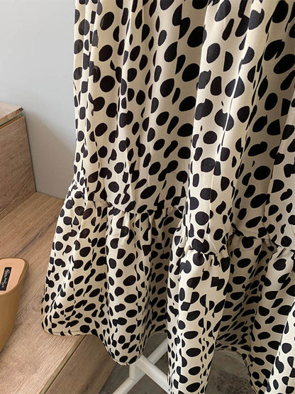 Stylish Polka-Dot Pleated Round-Neck Long Sleeves Loose Midi Dress