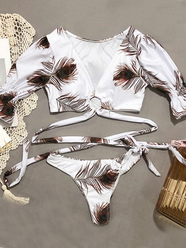 V-Neck Bandage Short Sleeves Printing Bikini Swimsuit