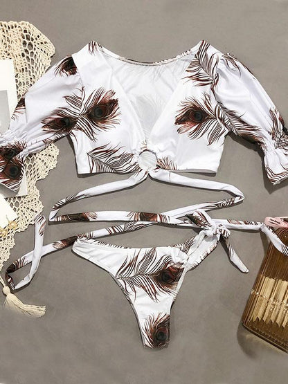 V-Neck Bandage Short Sleeves Printing Bikini Swimsuit
