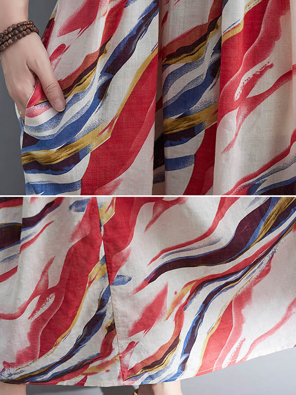 Vintage Loose Printed Split-Joint Pleated Half Sleeves Maxi Dress