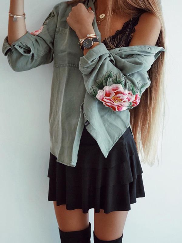 Long Sleeve Army Green Blouses&Shirts Top