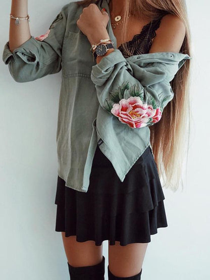 Long Sleeve Army Green Blouses&Shirts Top