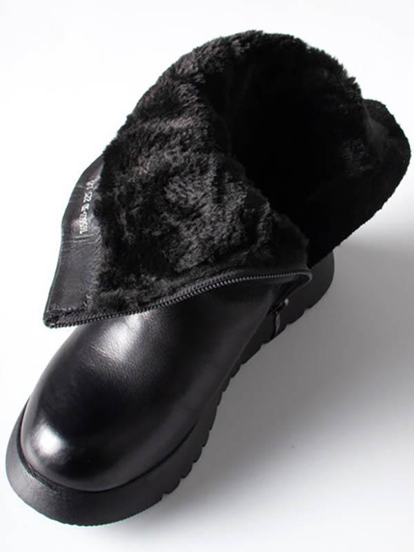Black Fold Zipper Cow Leather Short Boots