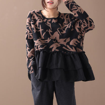 Buykud Agaric Lace Printed Spliced O-neck Blouse