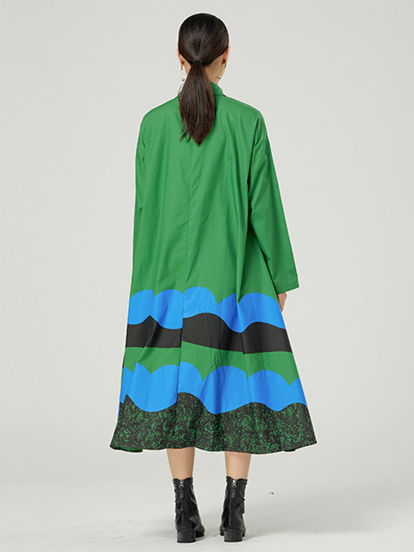 Original Buttoned Contrast Color Lapel Long Sleeves Midi Dress